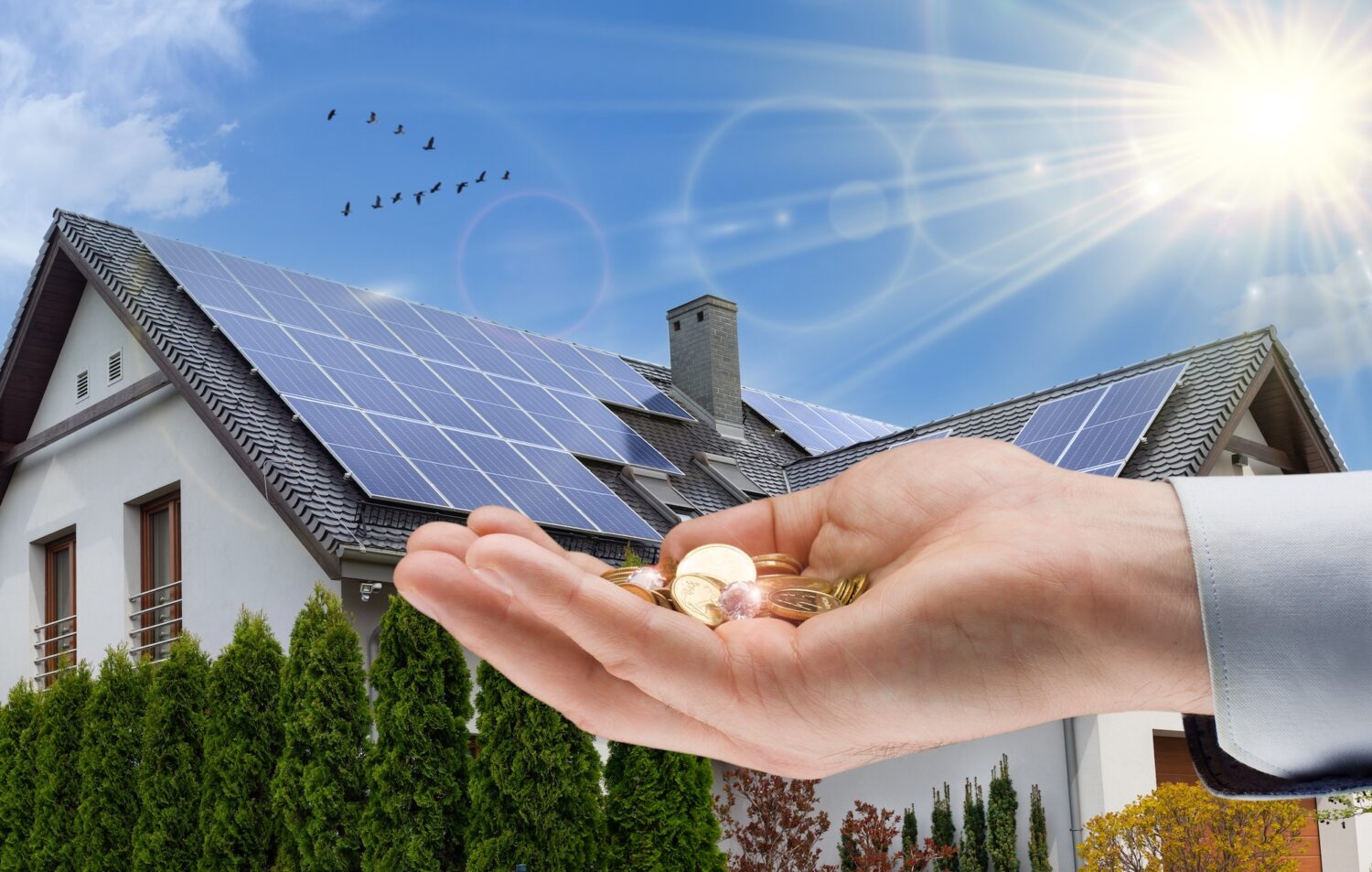 Solar panel on roof of house and coins in hand.